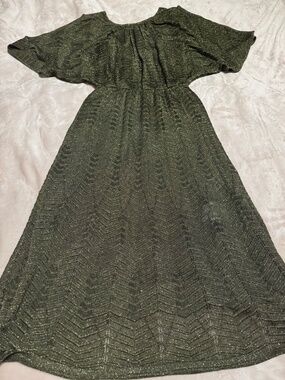 Missoni Size 4 Chevron Knit Dress Green Gold Metallic Midi Open Sleeve EUC